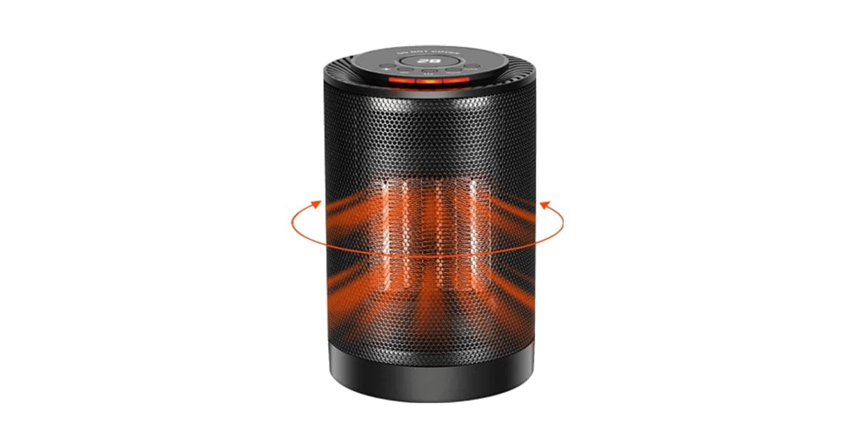 Black cylindrical EcoHeat S ceramic heater with a glowing orange element behind its grille and orange arrows showing rotation