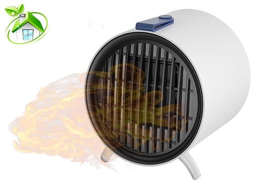 Round white EcoThermal heater on two legs with a blue top switch and slatted front grille, shown with flame graphics and an eco house logo