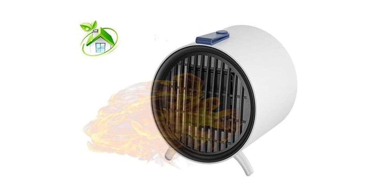 White round EcoThermal desktop heater with a black grille, a blue top button and two thin legs, with orange flame graphics showing warm air