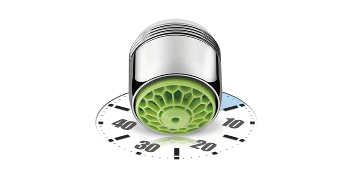 Chrome EcoTouch tap adapter with a green honeycomb push button underneath, above a timer dial marked 10 to 40