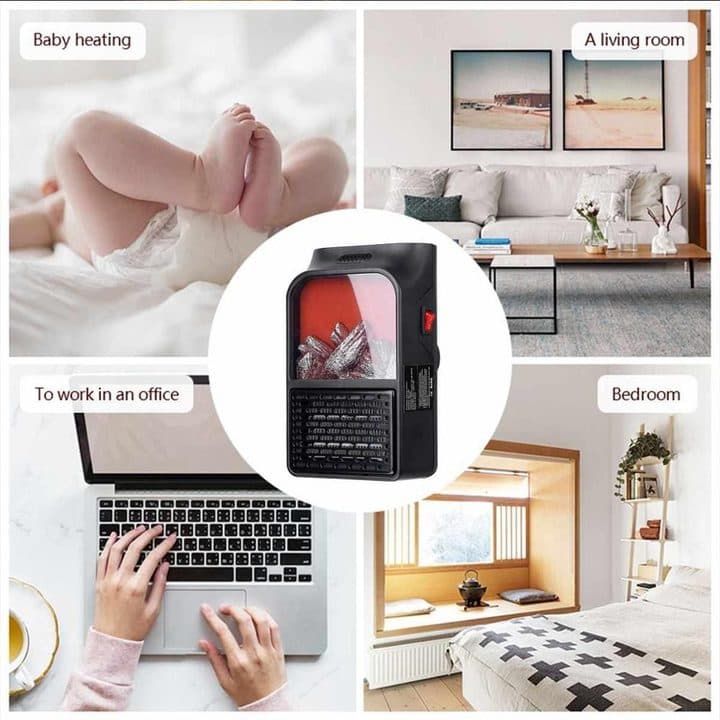EcoWarm Pro in the centre of four photos labelled baby heating, a living room, to work in an office and bedroom