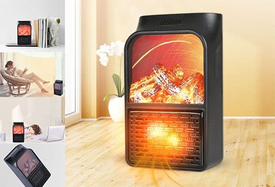Black EcoWarm Pro with a log-fire window and orange-lit grille, with small photos of it on a shelf, beside a reading chair, near a sleeping person and at an angle