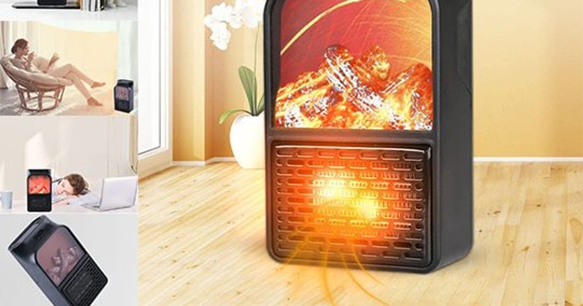Black EcoWarm Pro heater with a glowing log-fire display above an orange-lit grille on a wooden floor, beside a strip of photos showing it near a reading chair and a desk