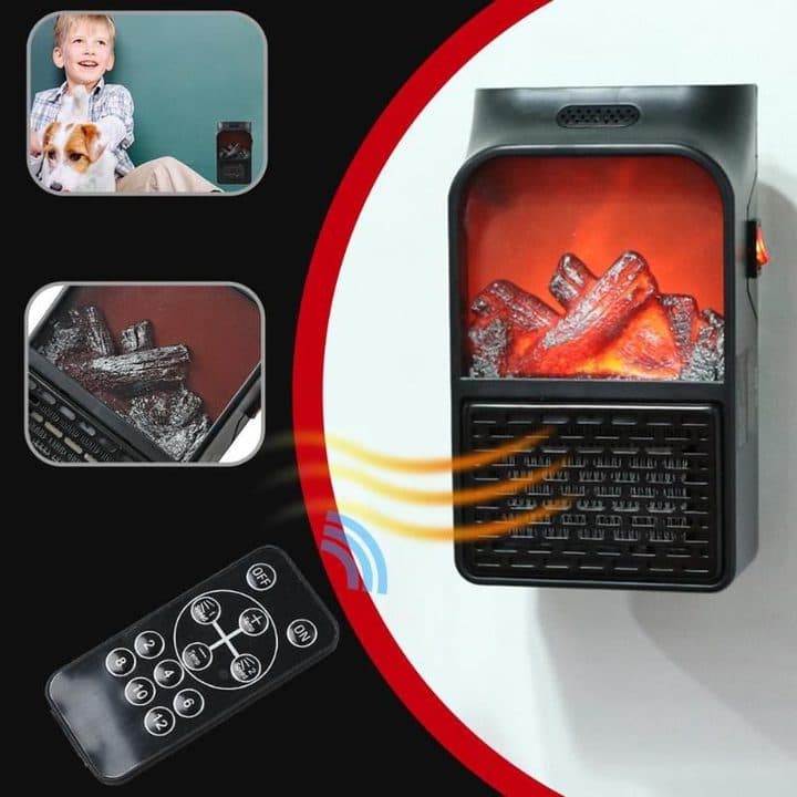 EcoWarm Pro plugged into a wall with warm air arrows and a small black remote with on, off, timer and temperature buttons, beside a boy hugging a dog