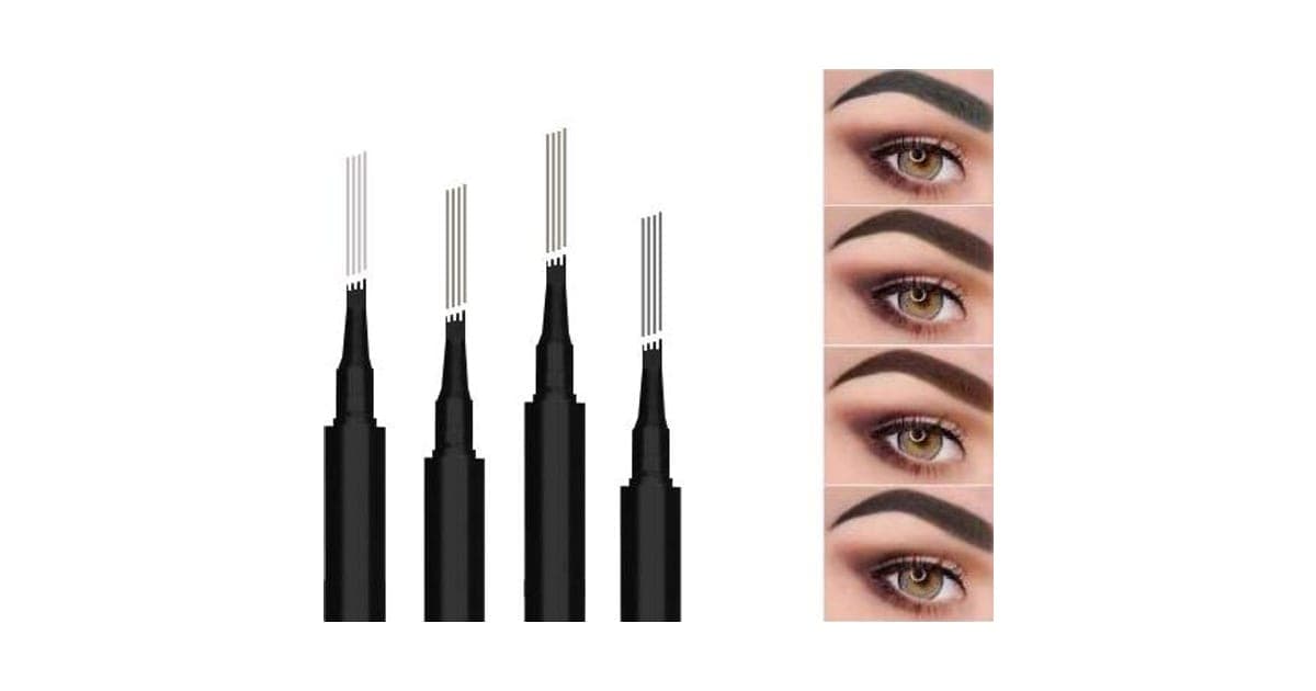 Four black EllaPen brow pens with forked tips drawing fine lines, beside four close-ups of shaped eyebrows