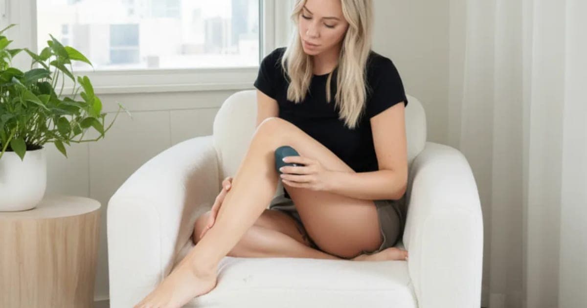 Woman sitting in a chair using the teal Erasilk crystal hair eraser on her lower leg