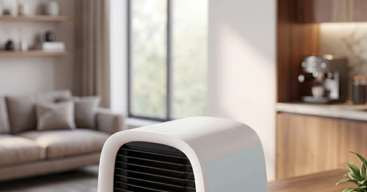 White evaCHILL personal evaporative cooler on a wooden kitchen table with blue light glowing from its front grille