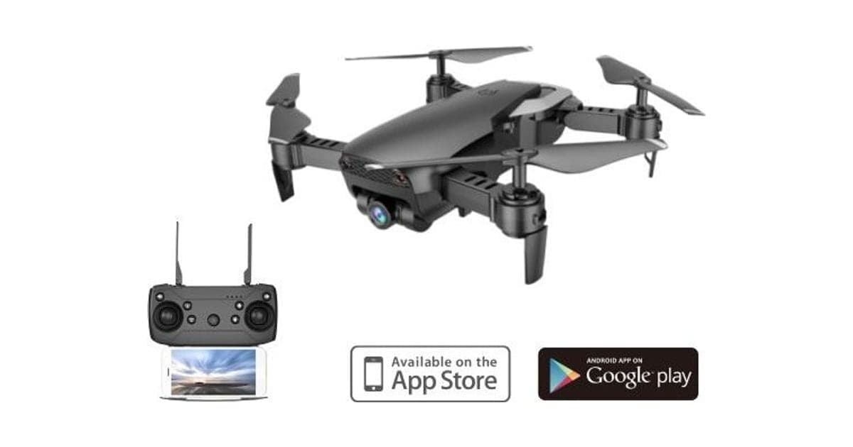 Dark grey foldable Explore AIR drone with four propellers and a front camera, next to its remote controller with a phone mounted
