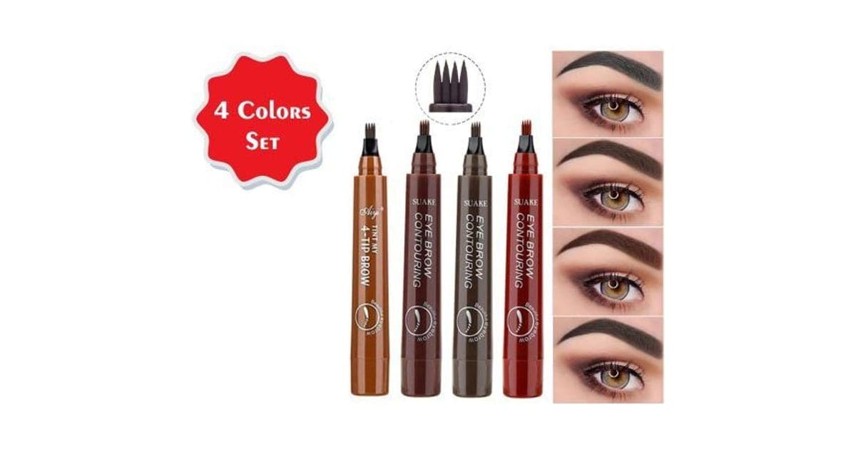 Four Eyebrow Master brow pens in brown, dark brown, grey and red-brown with forked tips, beside four close-ups of filled-in eyebrows