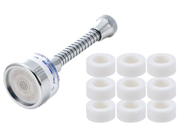 FaucetMaster flexible extender beside nine round white foam filter cartridges