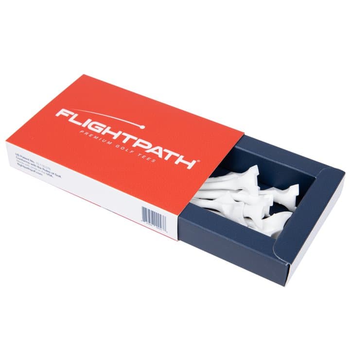 Red and white FlightPath box slid open to show eight white plastic golf tees inside