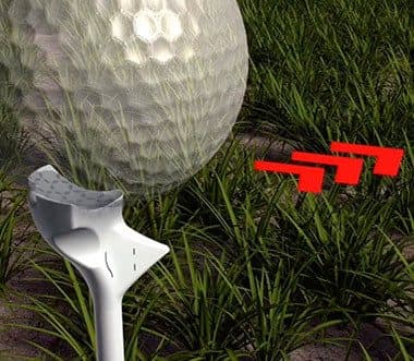 Golf ball on a FlightPath tee with red arrows showing the intended direction of the shot