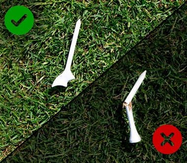 Two FlightPath tees in grass, one leaning correctly with a green tick and one wrong with a red cross