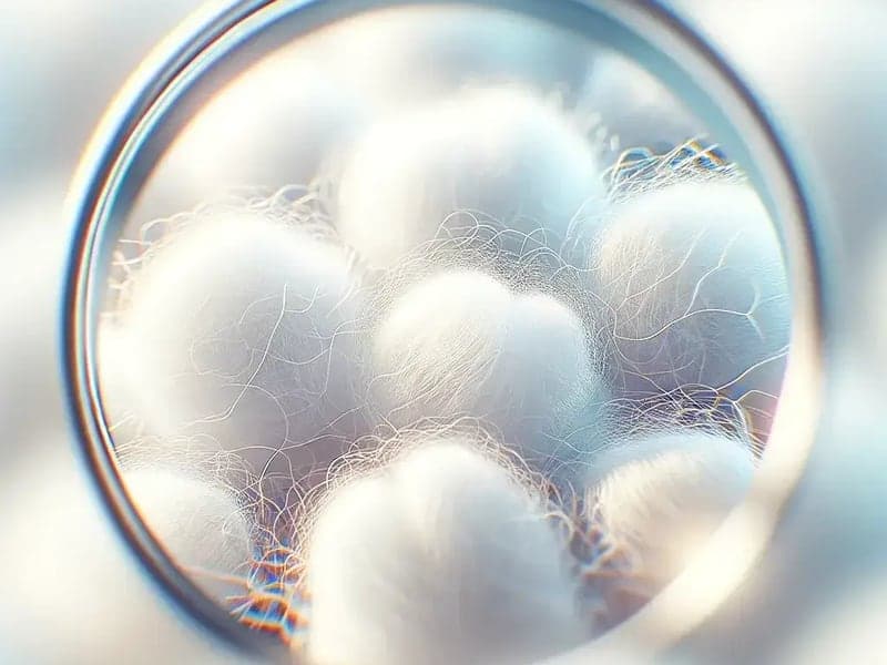 FluffCo's illustration of its polyester microfibre fill, shown as soft white clusters under a magnifying lens
