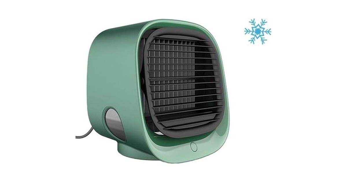 Green FreshBreeze cube mini cooler with a black front grille and louvres, a side water window, a front button and a USB cable, beside a snowflake icon