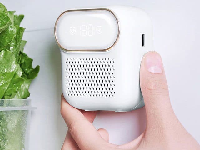 Hand placing the white FridgeSan Pro with a 180 display on the inside wall of a fridge beside lettuce