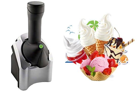 FrostyJoy machine with a black chute and green start light on a silver base, next to illustrated soft-serve cones and a waffle bowl of pink ice cream