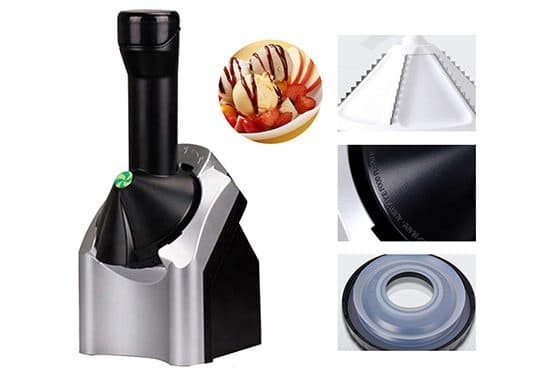 FrostyJoy machine beside close-ups of a white serrated cone blade, a black housing and a clear seal ring, and a bowl of fruit dessert with chocolate sauce