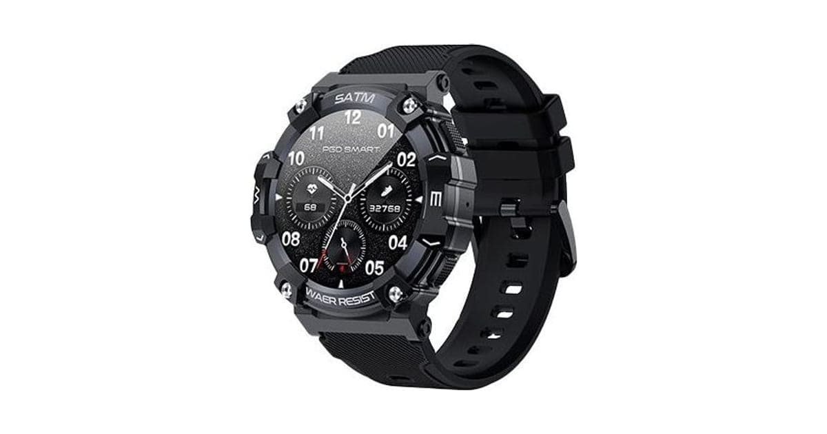 Black FX SmartWatch with a round dial, exposed screws on a chunky bezel marked SATM and Waer Resist, three sub-dials and a black silicone strap