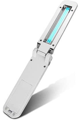 GermCide X white wand unfolded with two blue UV tubes glowing in the lamp head, used for the dual UV add-on