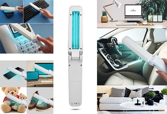 Collage of the GermCide X UV wand used over a keyboard, a phone keypad, a laptop, a teddy bear, shoes, a desk, a car interior and a sofa, with the wand unfolded in the centre