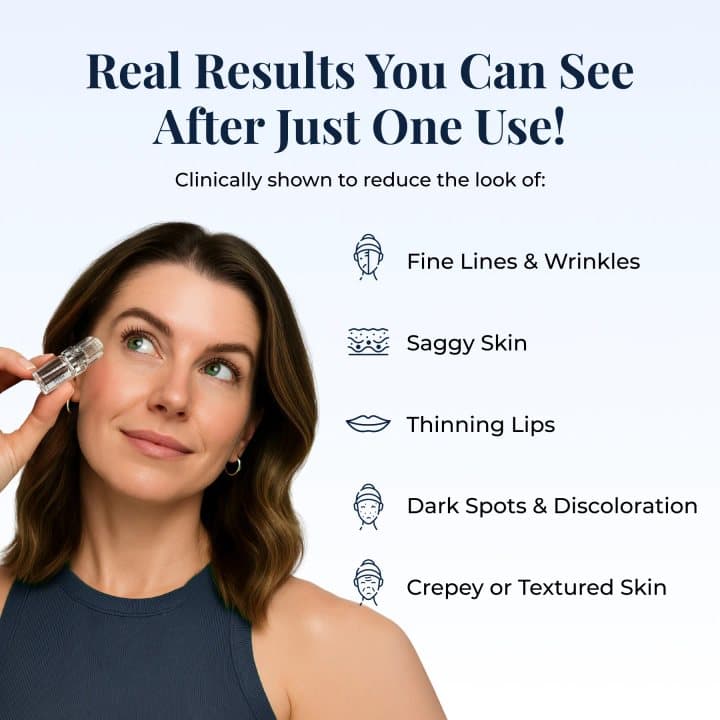 Glamory graphic claiming real results after one use for fine lines, sagging skin and dark spots
