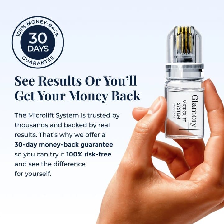Hand holding a Glamory vial with a 30-day money-back guarantee badge