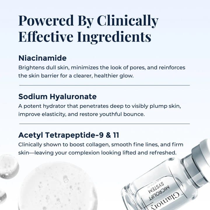 Glamory graphic listing niacinamide, sodium hyaluronate and acetyl tetrapeptide-9 and 11