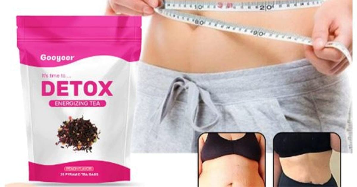 Pink and white Googeer Detox Energizing Tea pouch of 28 pyramid tea bags beside a slim waist being measured with a tape and before-and-after belly photos