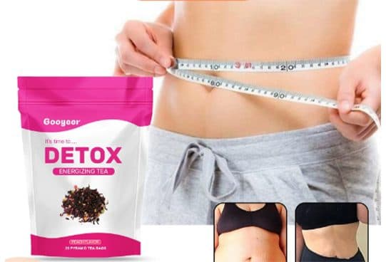 Googeer Detox Energizing Tea pouch with loose tea leaves, a tape measure around a waist and small before-and-after belly photos