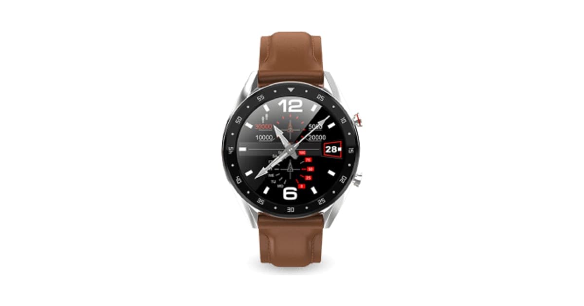 GX SmartWatch with a silver round case, black bezel with numbers, an analogue-style face and a brown leather strap