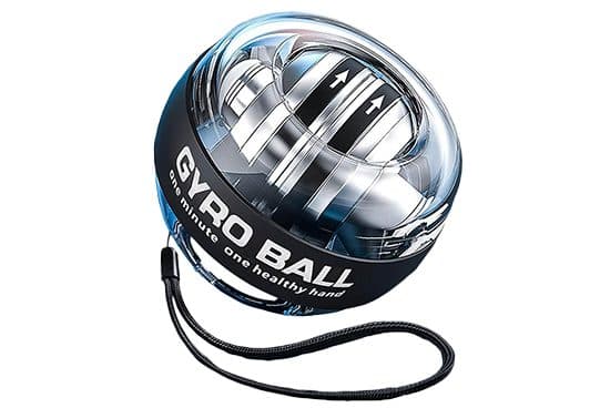 GyroBallX clear sphere with a silver spinning rotor and arrows, a black band and a pull cord