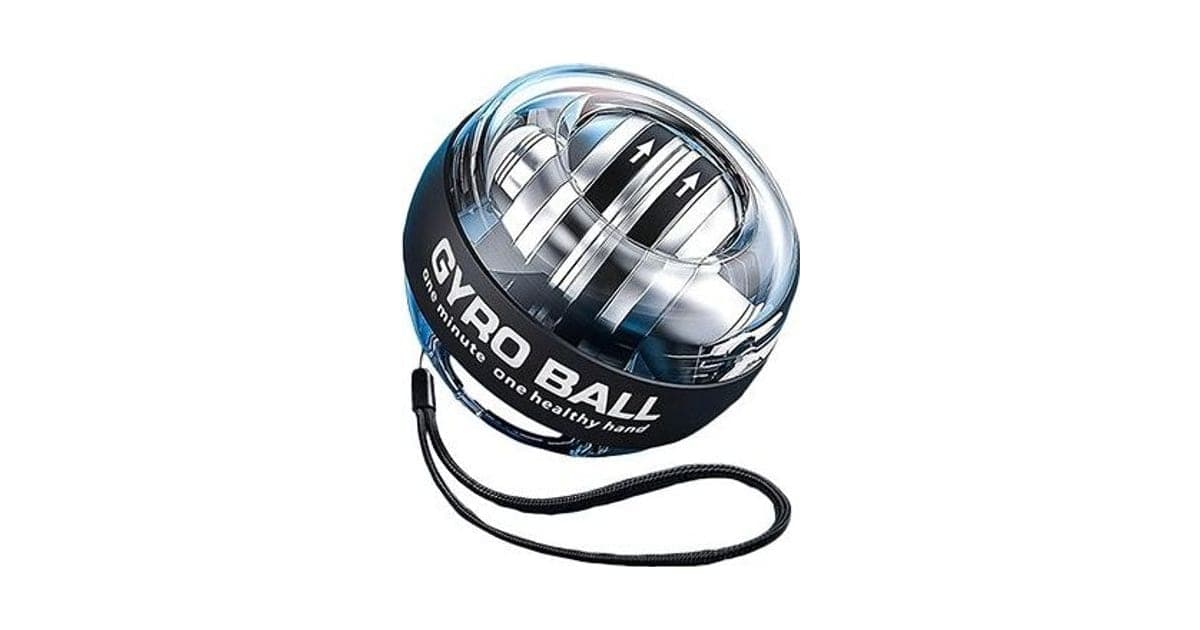 Clear GyroBallX wrist ball with a silver rotor inside and a black band printed Gyro Ball one minute one healthy hand, with a black start cord
