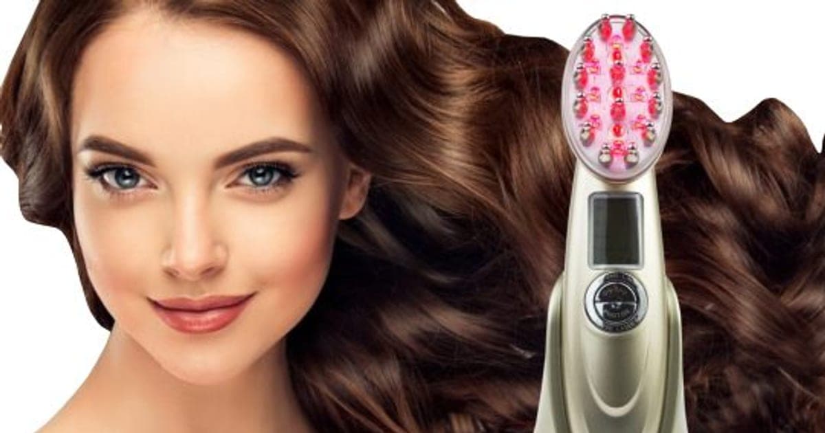 Gold HairRevit Pro comb with glowing red lights in its head and a small screen, beside a smiling woman with long brown hair