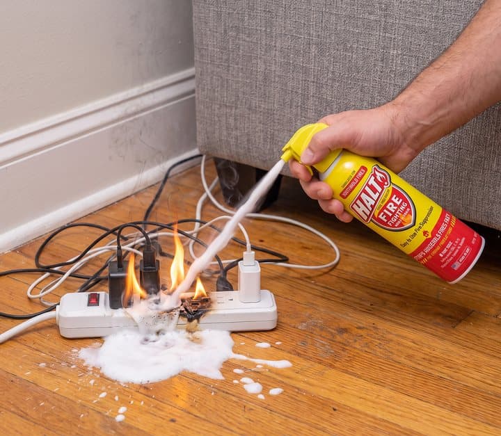 Hand spraying HALT foam onto a burning power strip on a wooden floor