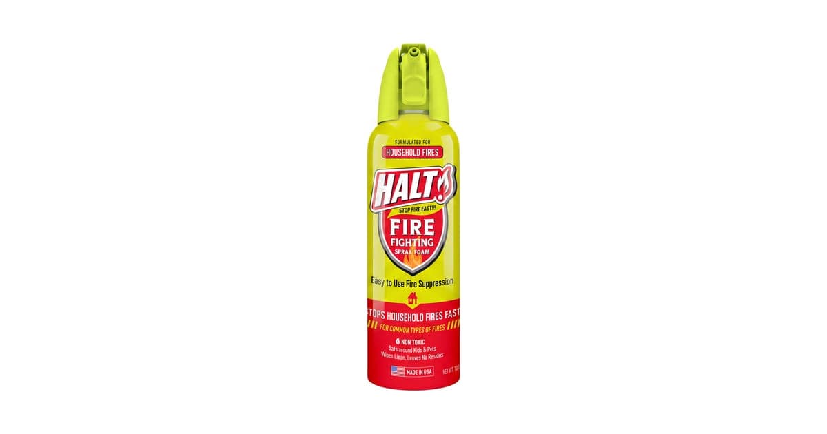 Yellow and red HALT fire fighting spray foam can for household fires
