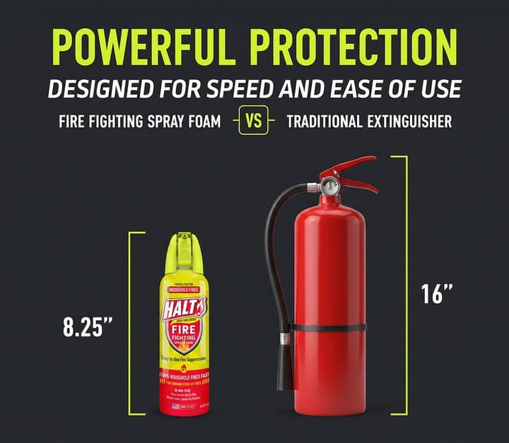 Graphic comparing an 8.25-inch HALT can with a 16-inch traditional fire extinguisher