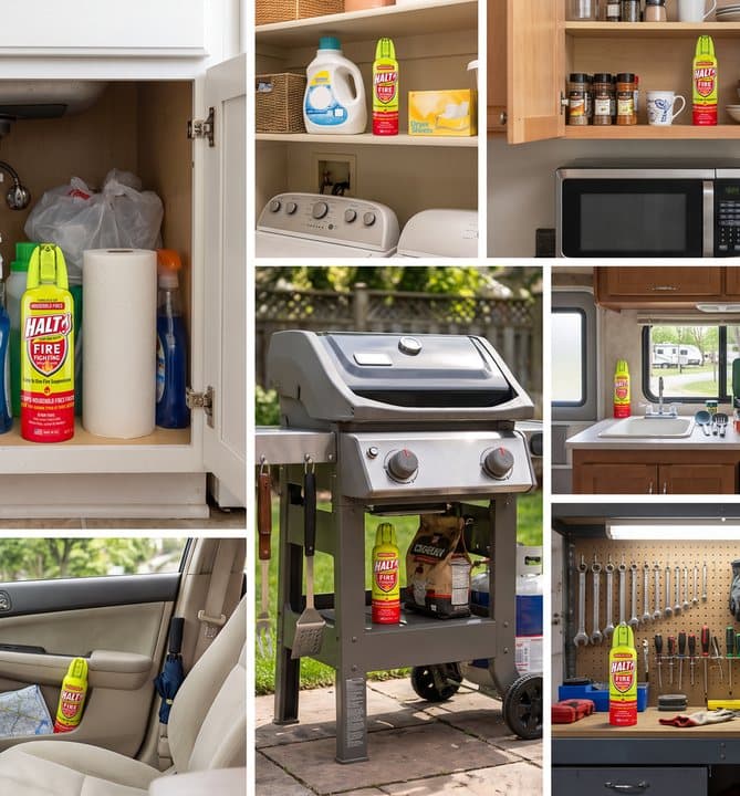 Collage of HALT cans stored in a cupboard, by a grill, in a car and in a garage