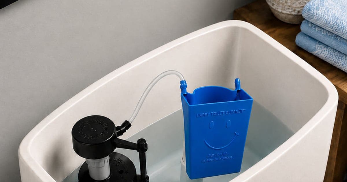 Blue Happy Toilet Cleaner holder fitted inside an open toilet tank next to the flush valve and fill hose