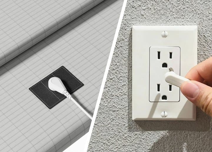 Heal Naturally grounding sheet snap connector with cord beside a hand plugging the grounding plug into a wall outlet