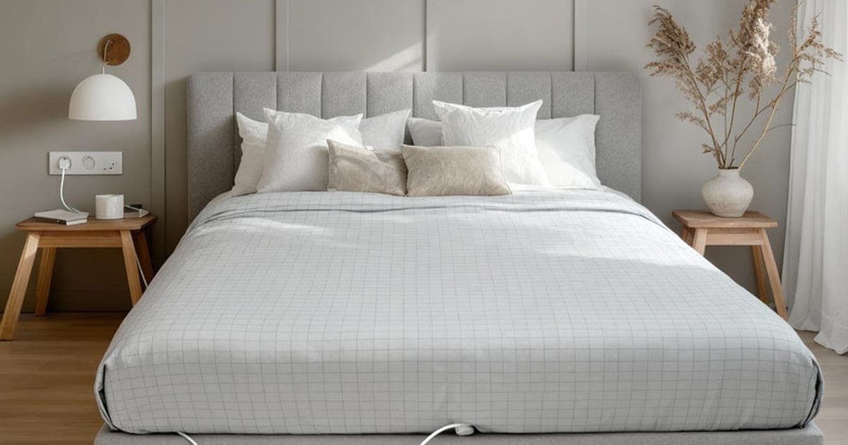 Grey Heal Naturally grounding sheet on a made bed with a white grounding cord running to the floor