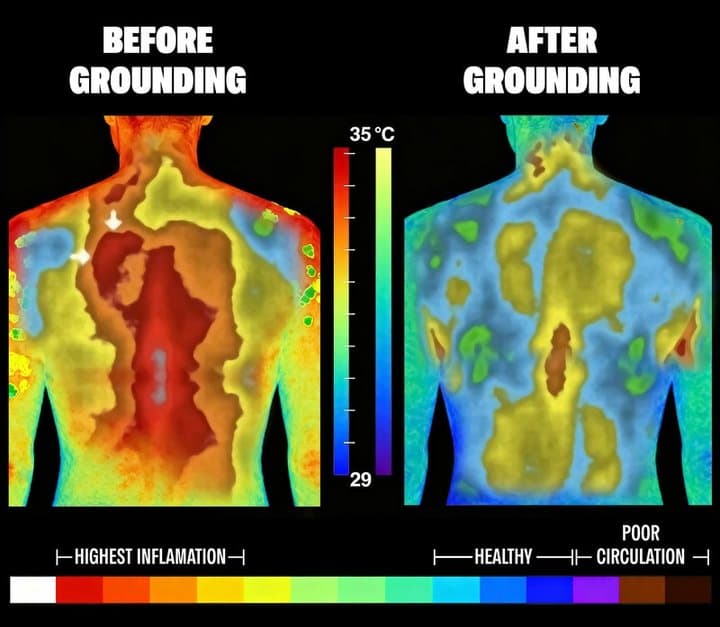 Heal Naturally marketing graphic of thermal images labelled before grounding and after grounding