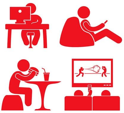 Red icons of people sitting at a desk, on a beanbag, at a table and watching TV, illustrating the HealthWatch Sedentary Reminder add-on