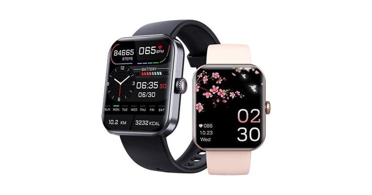 Black HealthWatch Pro square smartwatch showing steps, 65 bpm and calories beside a rose gold version with a pink strap and a cherry blossom face