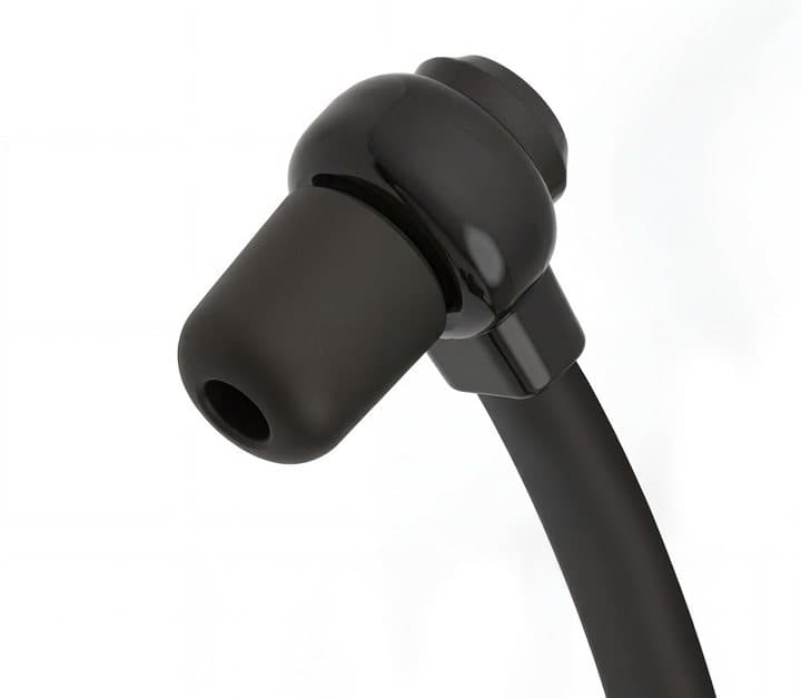 Close-up of a soft black HearDirect ear tip on the end of the headset's flexible arm