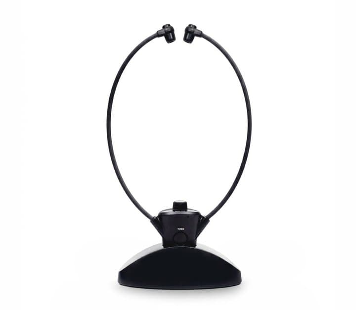 HearDirect wireless TV headset with two ear tips on flexible arms and a receiver unit, sitting on its cradle