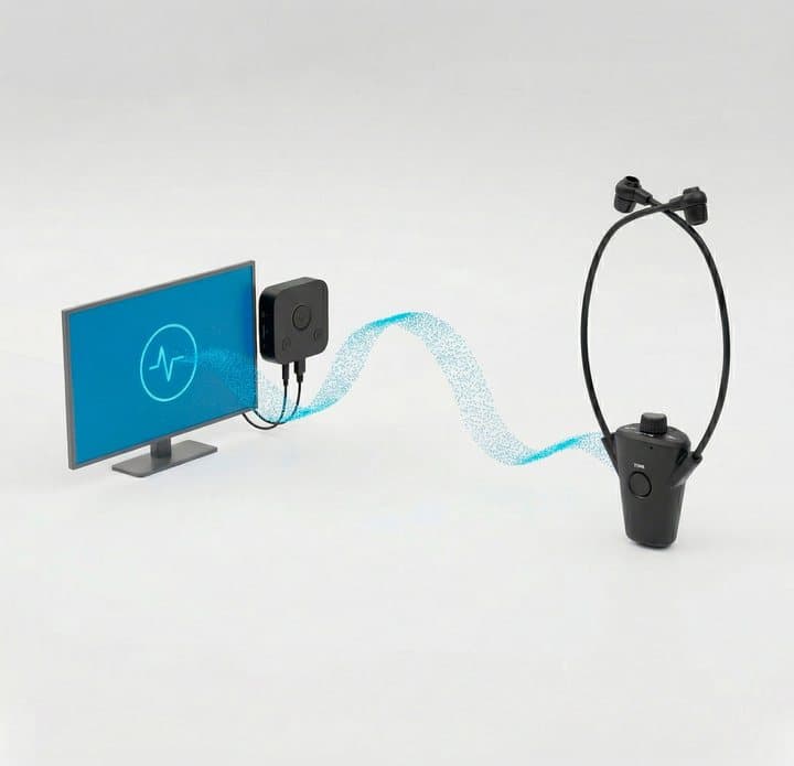 HearDirect diagram showing a TV, a transmitter and a wireless signal reaching the under-chin headset