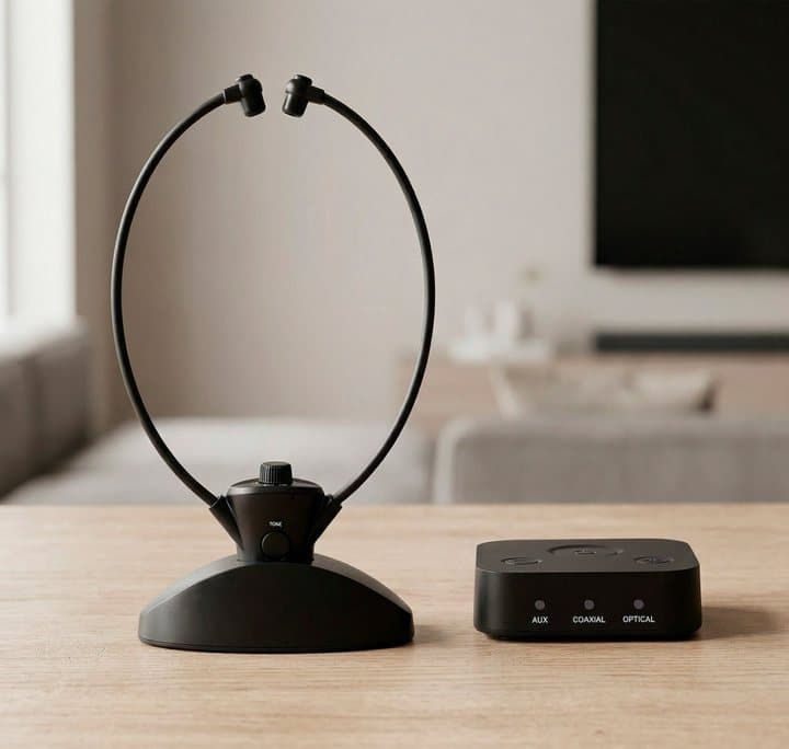 HearDirect headset on its cradle beside the small black transmitter box with optical and line inputs