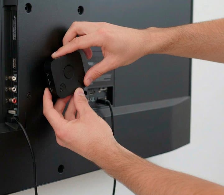 Hands attaching the HearDirect transmitter to the back of a flat-screen TV next to its audio sockets
