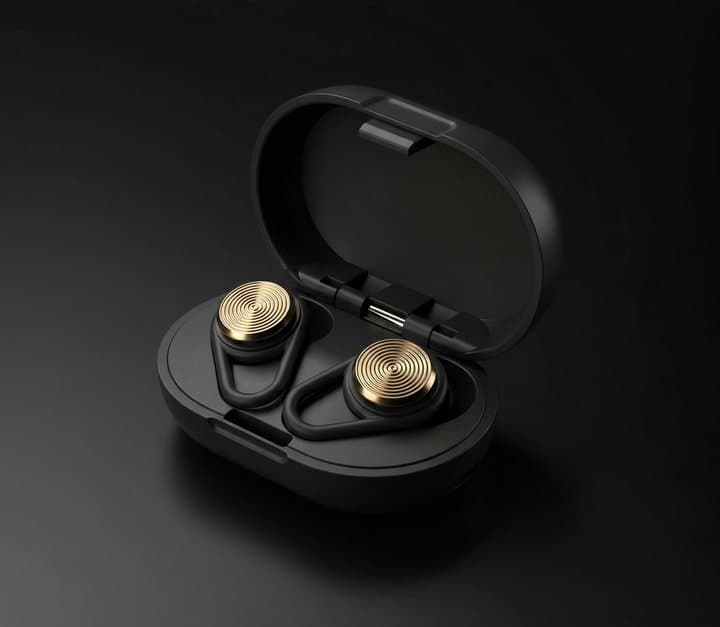 Open black Hears carry case holding a pair of earplugs with gold filter faces